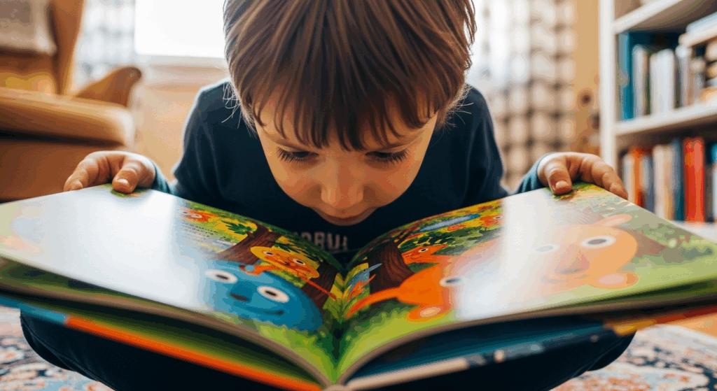 Child reading a book very close to their face, indicating potential vision problems.