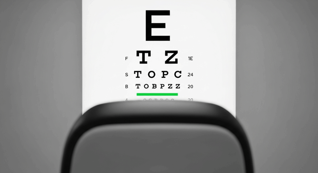 A first-person view of a Snellen eye chart during an eye exam, where the smaller letters at the bottom appear blurry.