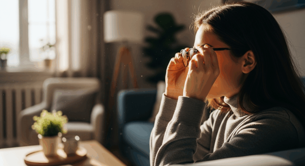 A person putting on glasses, with the view in front of them changing from blurry to clear, showing the positive effect of corrective lenses.