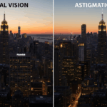 An artistic representation of vision, with one side showing clear, focused vision and the other side showing slightly blurred and stretched vision, indicating astigmatism. No eyes or faces are shown. The image uses soft, warm lighting.