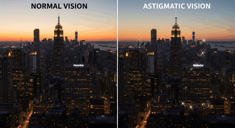 An artistic representation of vision, with one side showing clear, focused vision and the other side showing slightly blurred and stretched vision, indicating astigmatism. No eyes or faces are shown. The image uses soft, warm lighting.