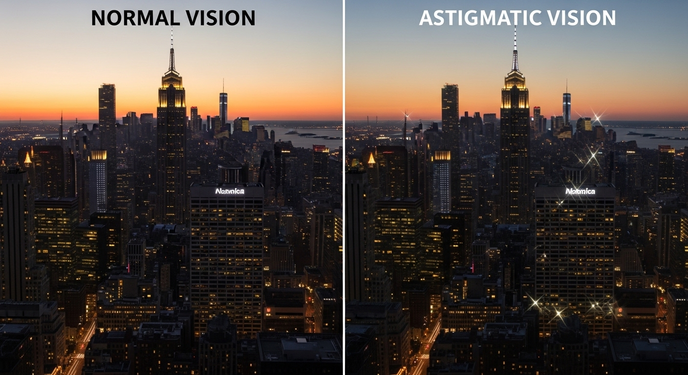 An artistic representation of vision, with one side showing clear, focused vision and the other side showing slightly blurred and stretched vision, indicating astigmatism. No eyes or faces are shown. The image uses soft, warm lighting.