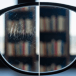 A split view through an eyeglass lens, with one side showing a blurry, scratched view and the other side showing a perfectly clear view, representing the desire to fix scratches.