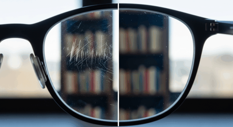 A split view through an eyeglass lens, with one side showing a blurry, scratched view and the other side showing a perfectly clear view, representing the desire to fix scratches.