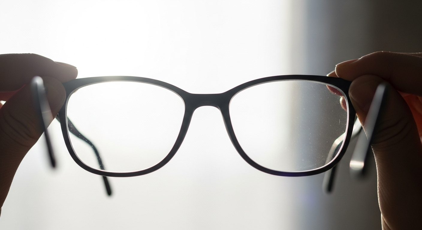 A person holding up a pair of spotlessly clean eyeglasses to the light, showing off the sparkling, clear lenses.
