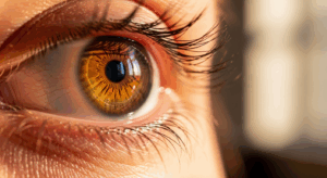Close-up of a healthy human eye, conveying clarity and good vision.