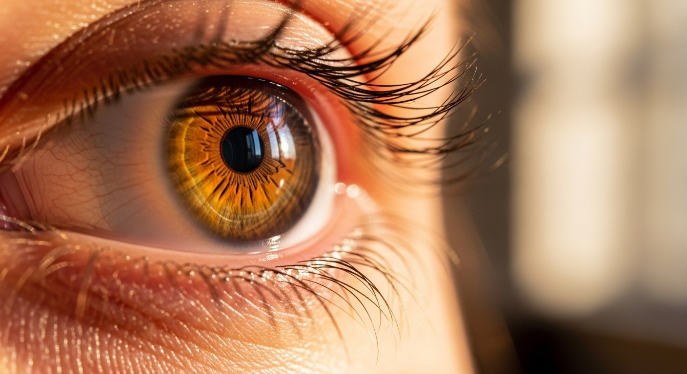 Close-up of a healthy human eye, conveying clarity and good vision.