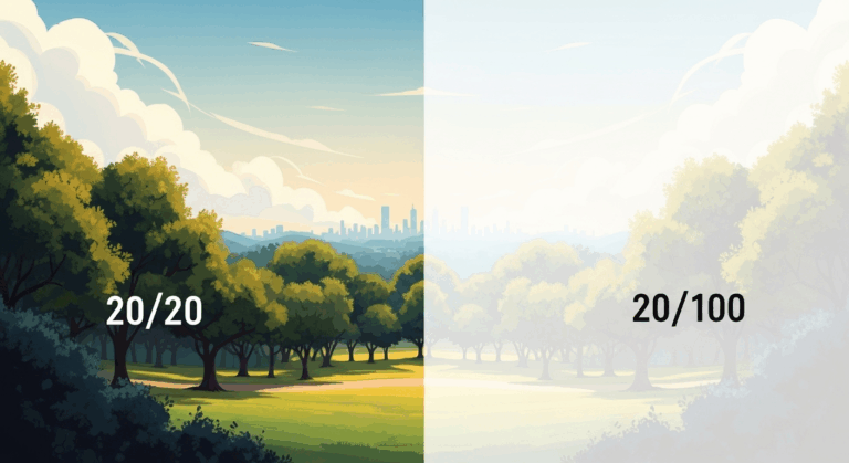 image showing a landscape split in half: the left side is sharp and clear, and the right side is blurry, visually explaining the difference in vision clarity