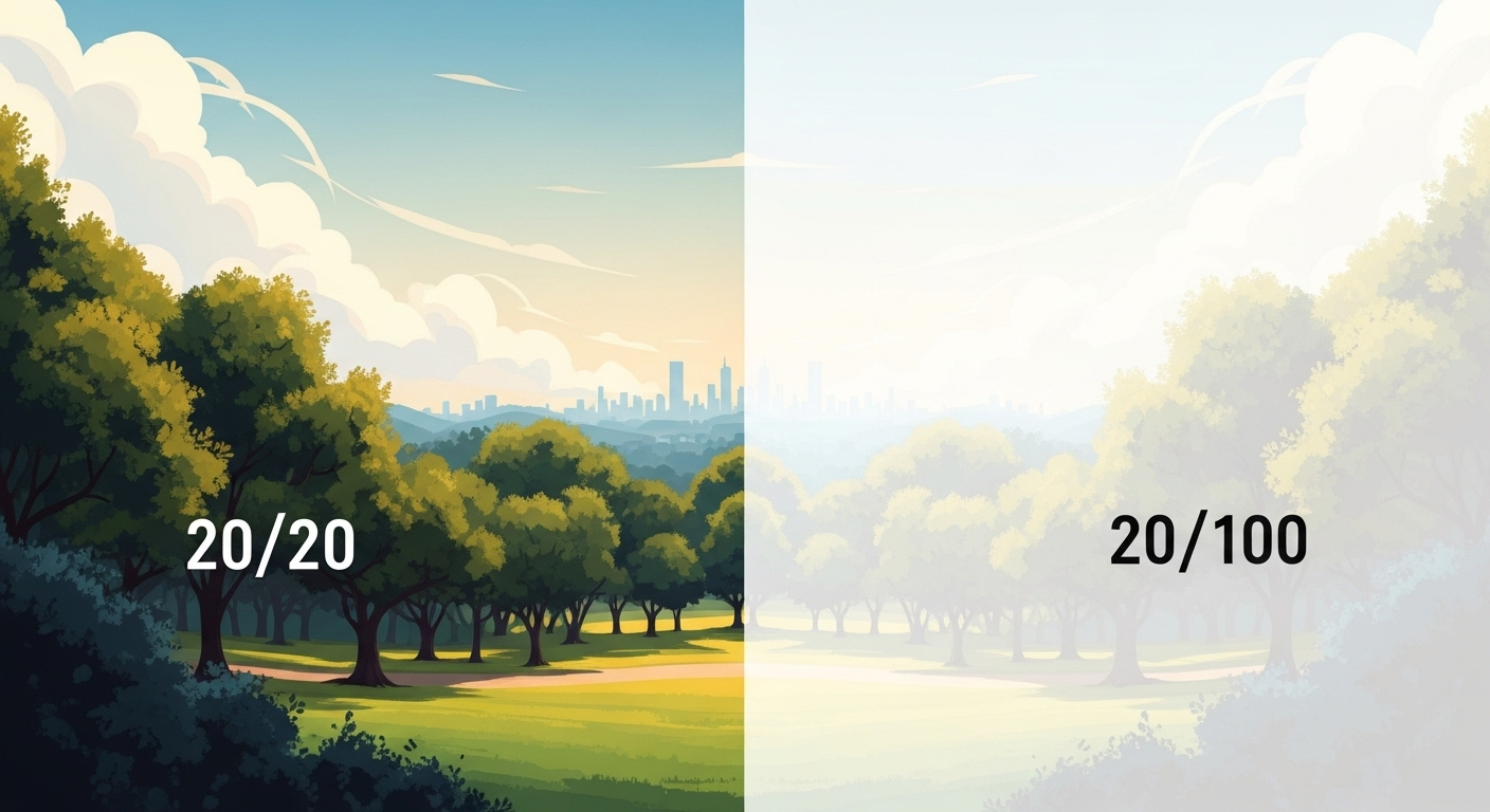 image showing a landscape split in half: the left side is sharp and clear, and the right side is blurry, visually explaining the difference in vision clarity