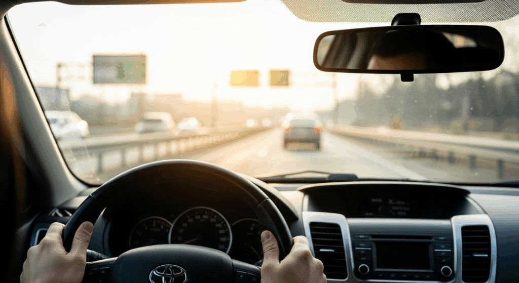 The view from a driver's perspective, showing a blurry road ahead to represent the danger of driving with uncorrected 20/50 vision.