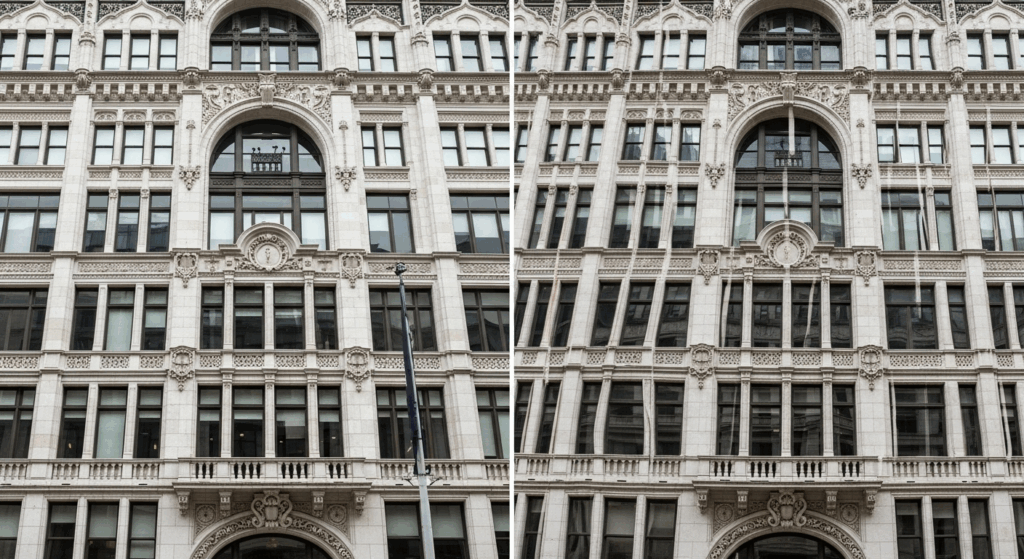 A side-by-side comparison of a detailed architectural facade, with one side showing sharp, clear lines and the other showing slightly blurred and elongated lines due to astigmatism.