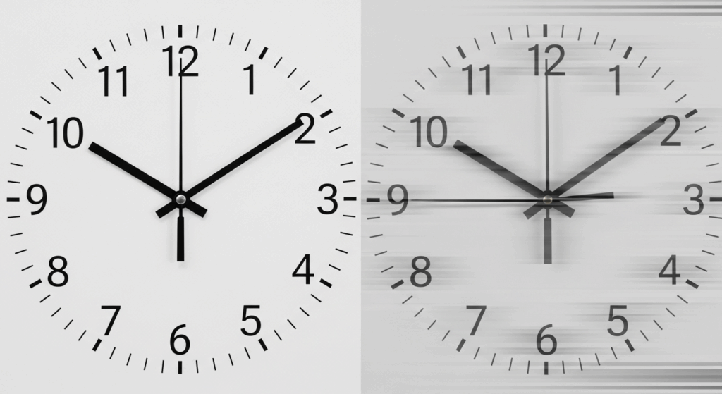 A visual contrast of a clock face. One side clearly shows all numbers and hands, while the other side depicts the numbers and hands as slightly elongated or smeared, representing astigmatic vision.