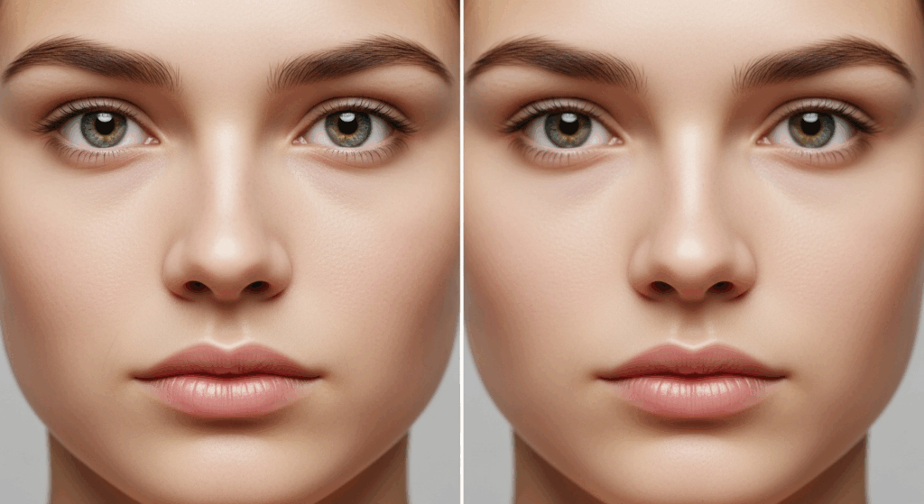 A split image of a person's face, where one side shows sharp features and clear contours, and the other side shows the features with a subtle directional blur or softness, as experienced with astigmatism.