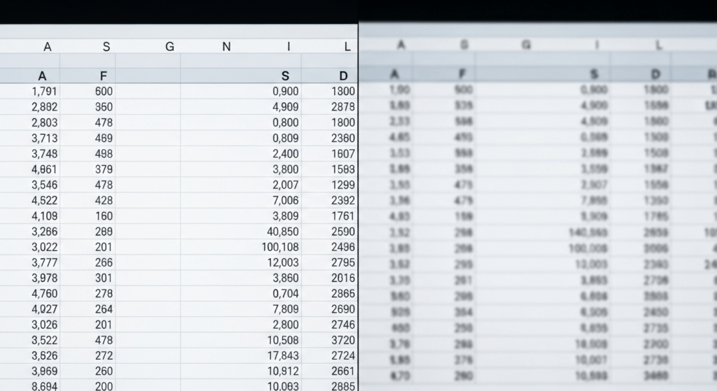 A side-by-side comparison of a computer screen displaying a spreadsheet or data, with one side showing sharp, legible text and numbers, and the other side showing the text and numbers as slightly blurred and harder to discern due to astigmatism.