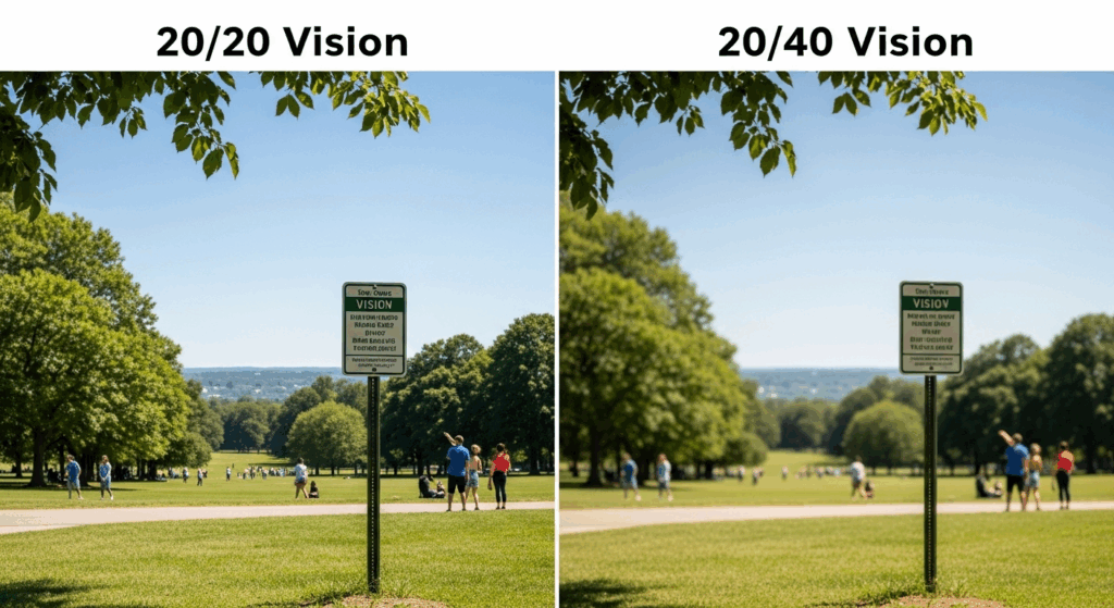 A side-by-side comparison showing the difference between 20/20 and 20/40 vision. The 20/20 side is sharp, while the 20/40 side is noticeably blurry.