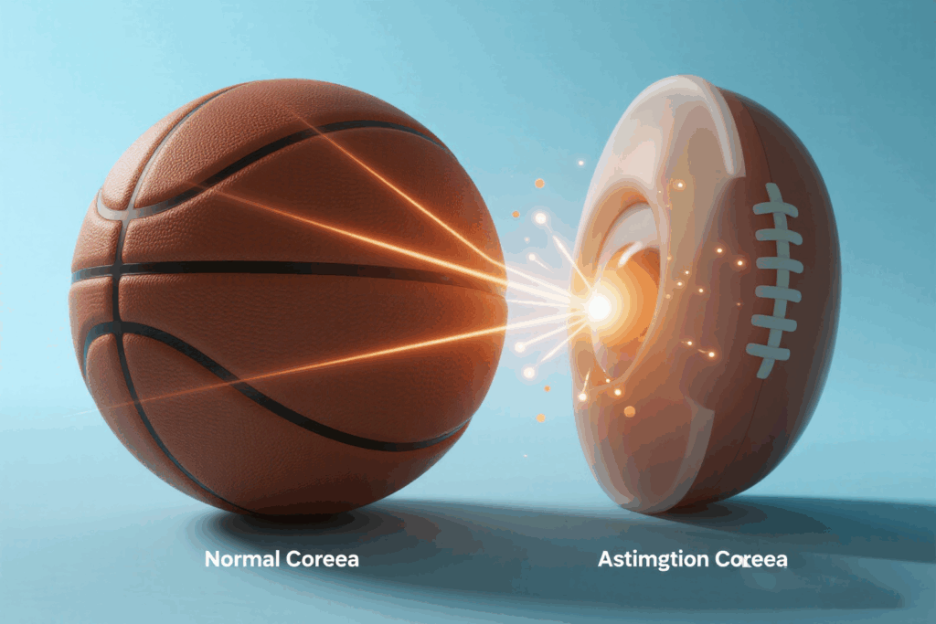 A minimalist 3D medical illustration comparing a normal cornea to an astigmatic cornea