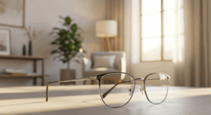A pair of stylish glasses resting in a bright, welcoming room, symbolizing the topic of vision clarity and eye care