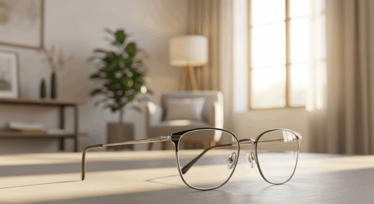 A pair of stylish glasses resting in a bright, welcoming room, symbolizing the topic of vision clarity and eye care