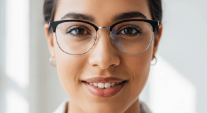 A close-up photo of a person's face, smiling while wearing modern eyeglasses, with their eyes in sharp, clear focus.