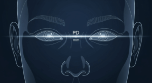 A stylized graphic illustrating the precise measurement of pupillary distance (PD) on a human face, shown as a technical blueprint.