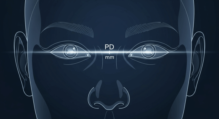 A stylized graphic illustrating the precise measurement of pupillary distance (PD) on a human face, shown as a technical blueprint.