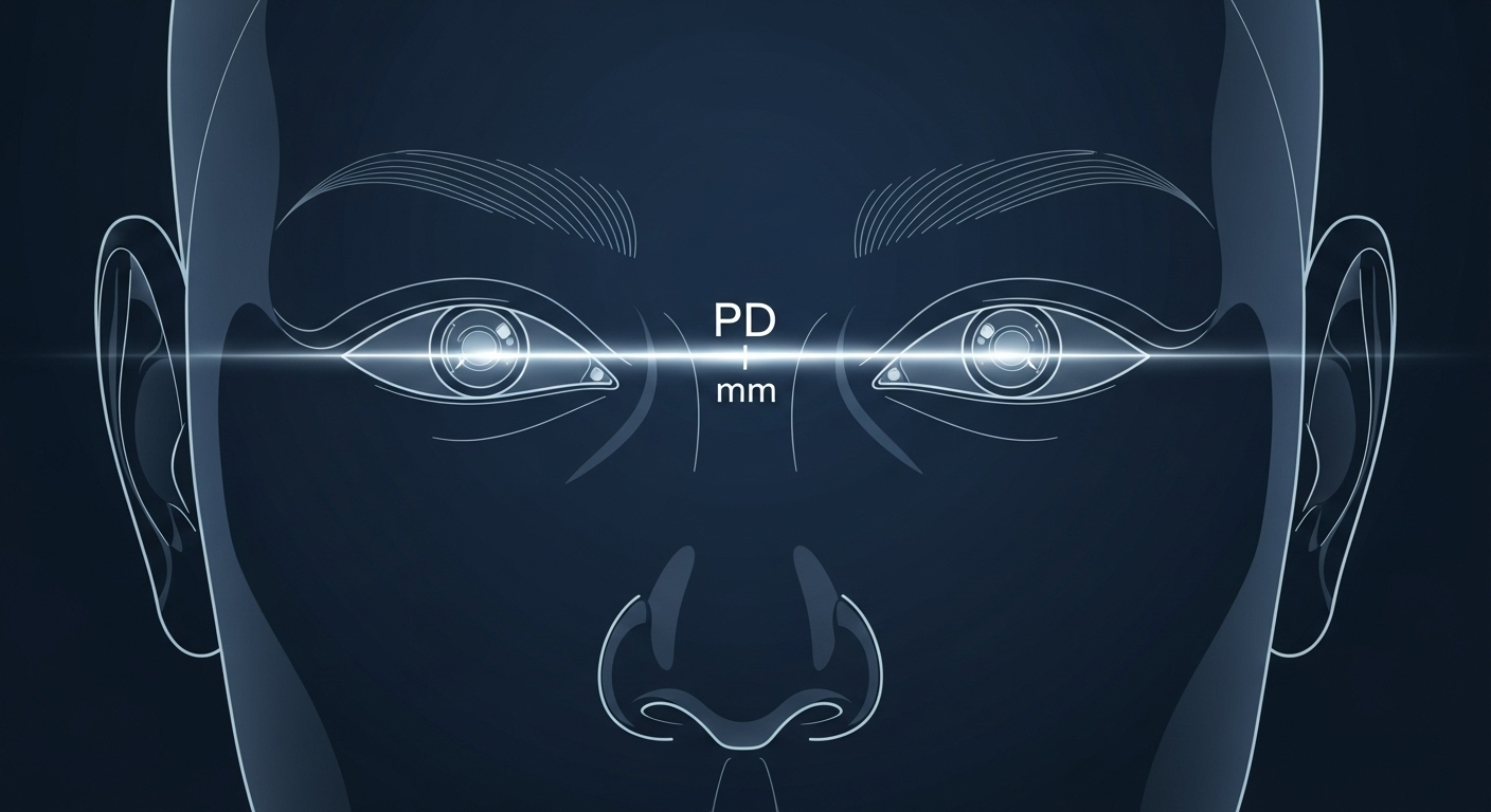 A stylized graphic illustrating the precise measurement of pupillary distance (PD) on a human face, shown as a technical blueprint.