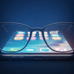 Stylish blue light glasses are shown filtering and softening the harsh blue light coming from a digital screen in the background.