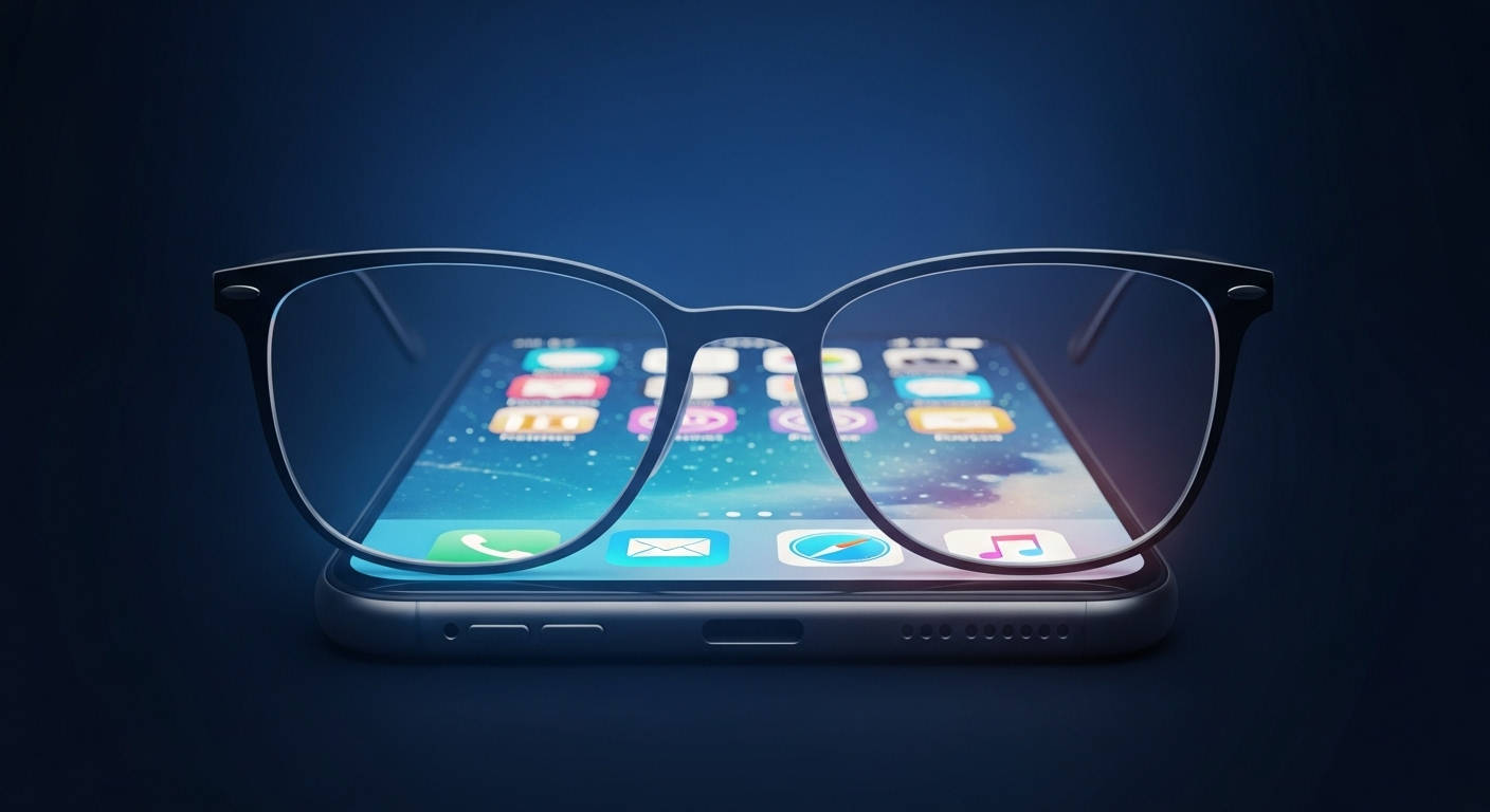 Stylish blue light glasses are shown filtering and softening the harsh blue light coming from a digital screen in the background.