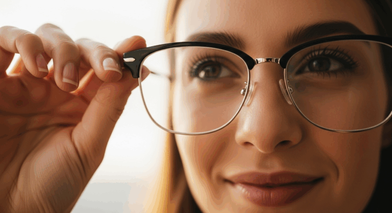 A person looking clearly through a pair of stylish glasses, representing the topic of vision clarity and eye health.