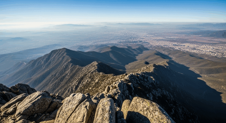 A stunningly clear mountain landscape view of a distant city, symbolizing the sharpness and clarity of 20/15 vision.