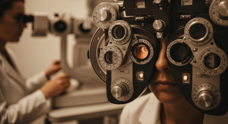 A person having their eyes tested with a phoropter machine at an optometrist's office, representing a vision diagnosis.