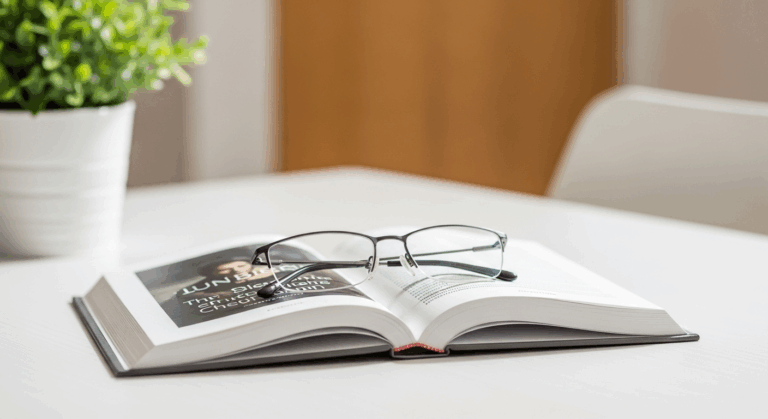 A stylish pair of single vision glasses resting on a book.