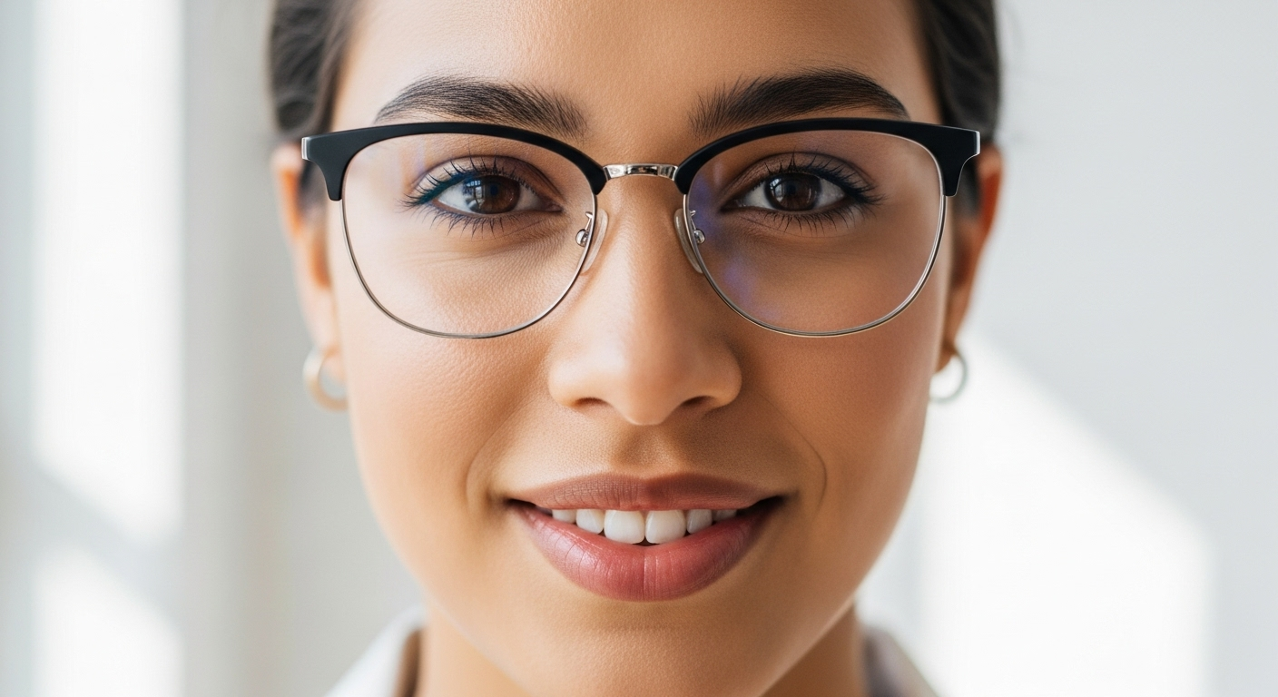 A close-up photo of a person's face, smiling while wearing modern eyeglasses, with their eyes in sharp, clear focus.