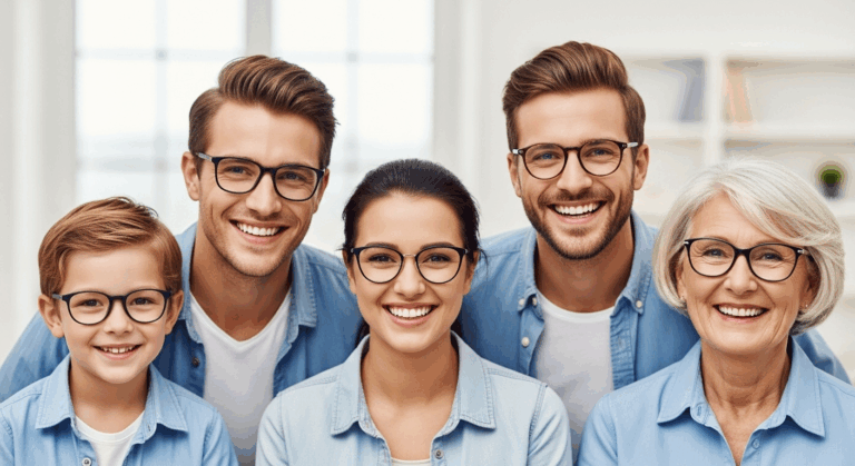 A diverse group of happy people of different ages wearing stylish glasses.