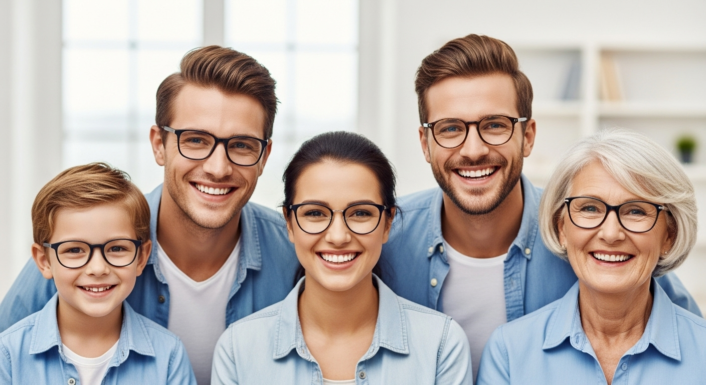 A diverse group of happy people of different ages wearing stylish glasses.