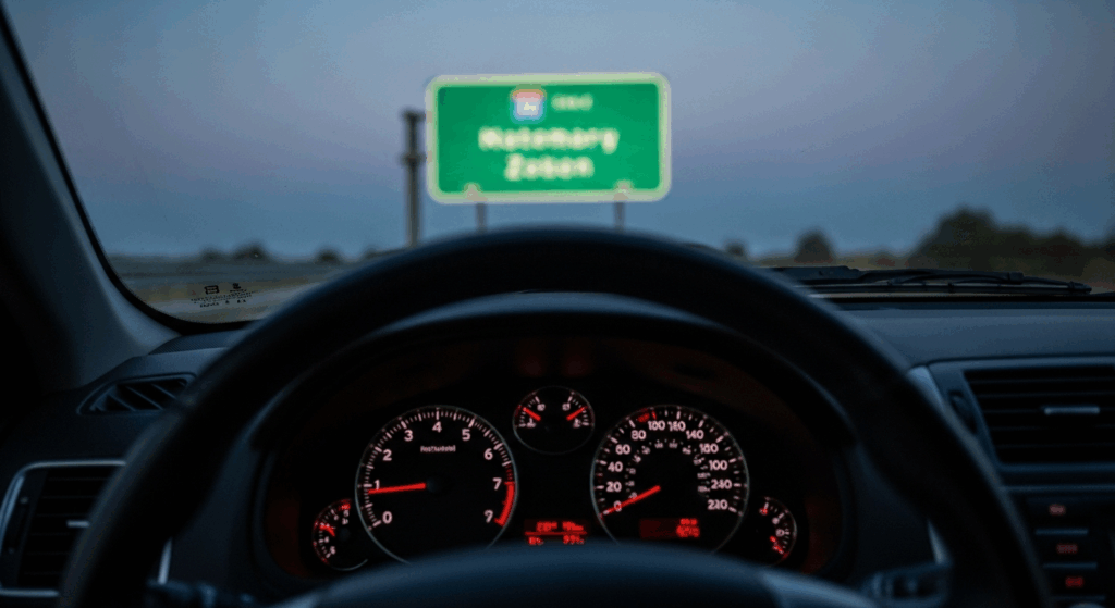 A first-person view from inside a car, looking at a distant highway sign that appears slightly blurry, demonstrating a common symptom of uncorrected 20/30 vision while driving at dusk.