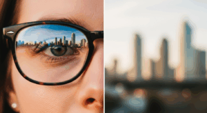 A split-view of a woman's face, illustrating how glasses correct 20/30 vision. The side with glasses shows a sharp, clear city, while the side without shows the same view as slightly blurry.