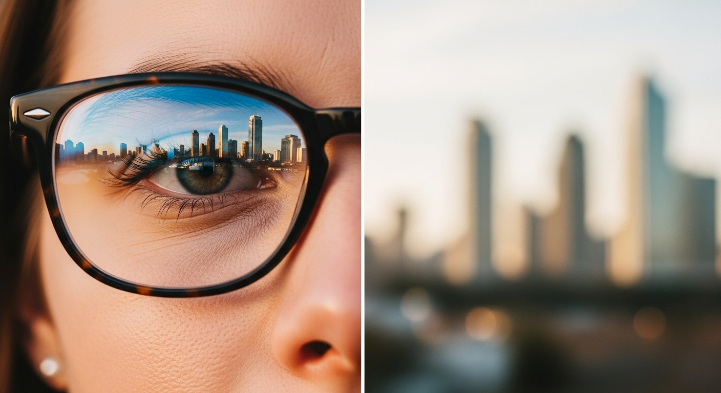 A split-view of a woman's face, illustrating how glasses correct 20/30 vision. The side with glasses shows a sharp, clear city, while the side without shows the same view as slightly blurry.
