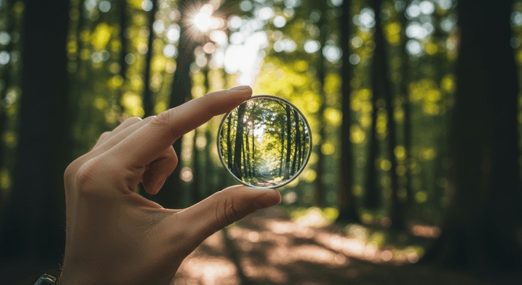 A hand holding a single eyeglass lens up to a forest scene. The view through the lens is incredibly sharp and clear, while the surrounding background is soft and blurry, symbolizing the benefit of vision correction.