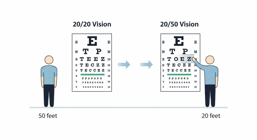 A diagram illustrating 20/50 vision, showing that a person needs to be at 20 feet to see what someone with normal vision can see from 50 feet.