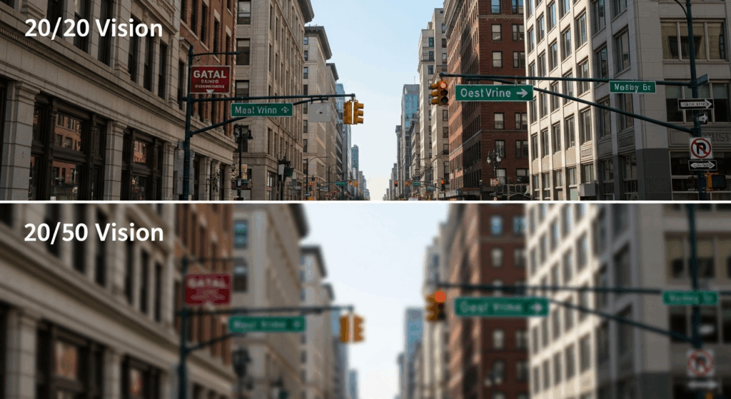 A comparison image showing a clear street scene as seen with 20/20 vision versus a blurry, out-of-focus street scene as seen with 20/50 vision.