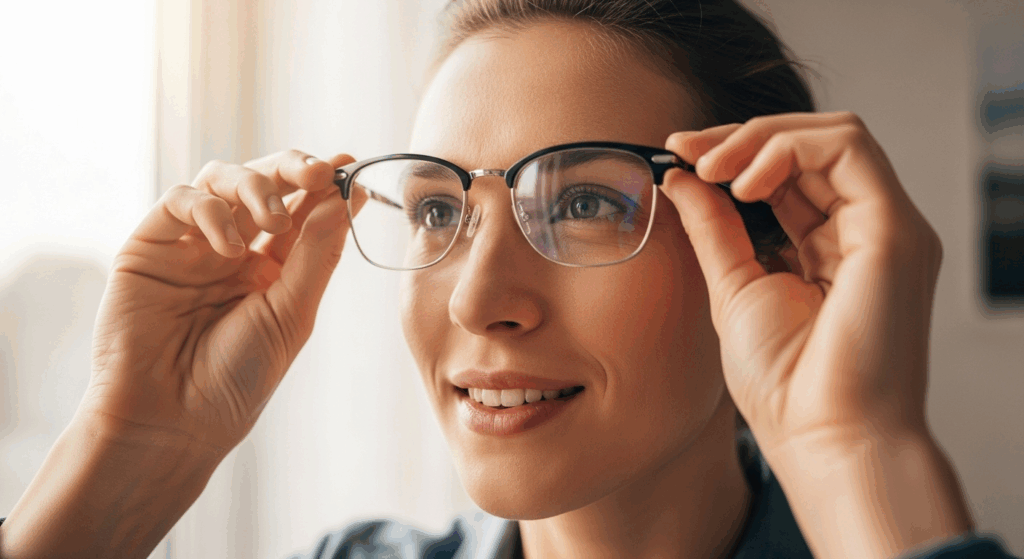 A person smiling as they put on their new eyeglasses, the solution for correcting 20/50 vision.